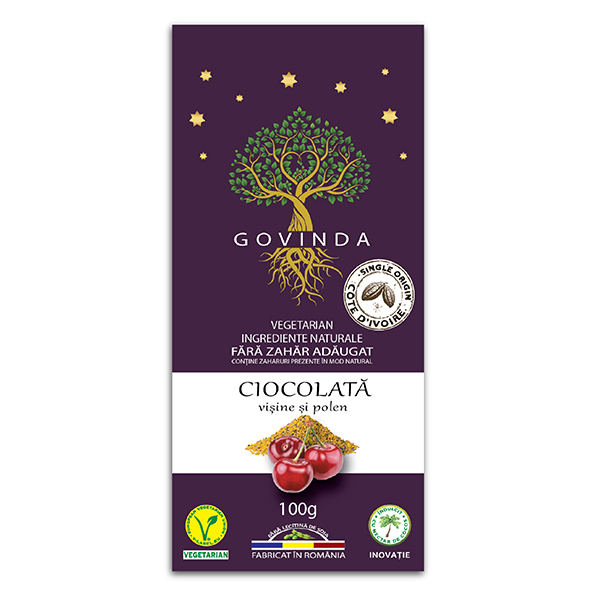 Ciocolata cu visine deshidratate si polen (fara zahar) Govinda – 100 g